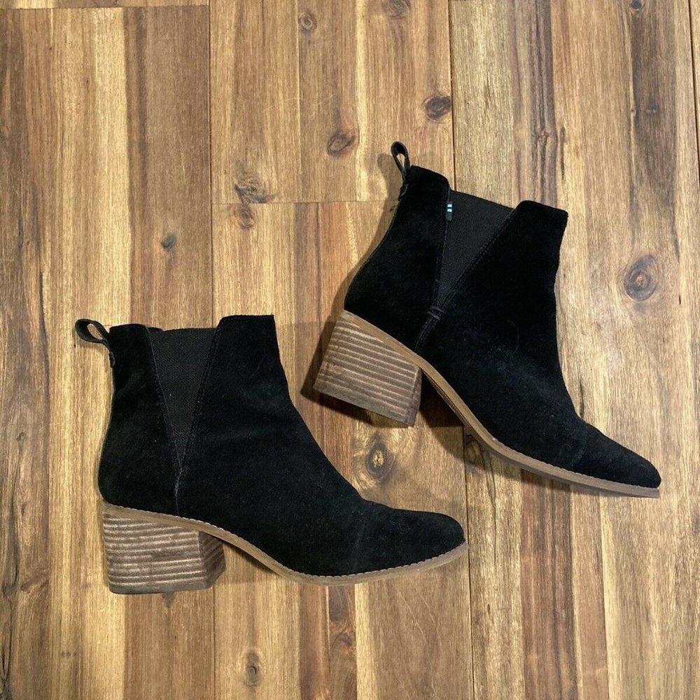 Toms Ankle Boots Black Suede Block Heel Booties 10
